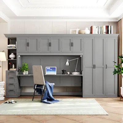 Streamdale Furniture Streamdale Twin Size Murphy Bed Wall Bed With Wardrobe, Cabinet And Desk, Gray In Gray