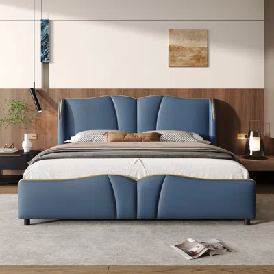 Streamdale Furniture Streamdale King Leather Bed Frame Wingback Headboard Platform Bed Black In Blue