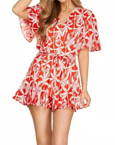 She + Sky Short Sleeve Tropical Floral Print Romper In Red In Red