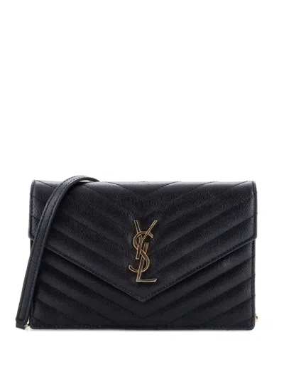 Pre-owned Saint Laurent Classic Monogram Wallet On Chain Matelasse Chevron Leather Small Crossbody Bag In Black