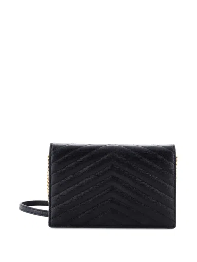 Pre-owned Saint Laurent Classic Monogram Wallet On Chain Matelasse Chevron Leather Small Crossbody Bag In Black