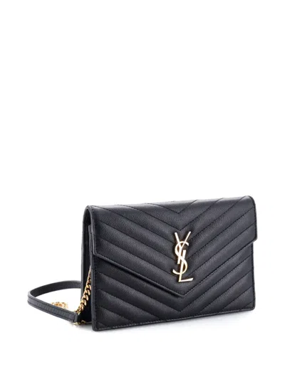Pre-owned Saint Laurent Classic Monogram Wallet On Chain Matelasse Chevron Leather Small Crossbody Bag In Black