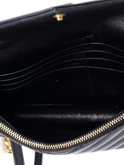 Pre-owned Saint Laurent Classic Monogram Wallet On Chain Matelasse Chevron Leather Small Crossbody Bag In Black