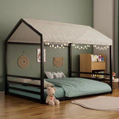 Streamdale Furniture Streamdale Montessori Metal House Bed Frame With Guardrails - Black In Multi