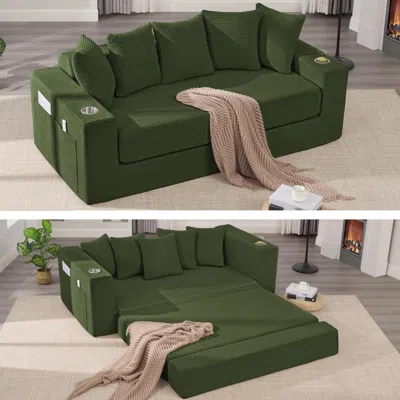 Streamdale Furniture Streamdale Corduroy Sleeper Sofa Couch Bed With Pillows & Cup Holders - Green In Green