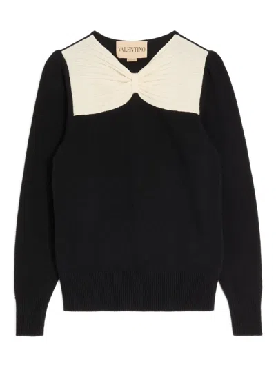 Valentino Bow-detailed Two-tone Wool Sweater In Black