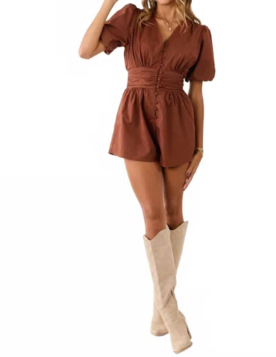 Day + Moon Ruched Puff Sleeve Romper In Brown In Brown
