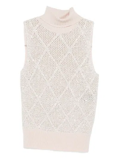 D Exterior Textured Knit Sleeveless Sweater With High Neckline In White