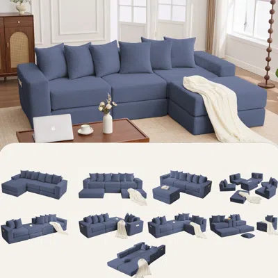 Streamdale Furniture Streamdale 10-in-1 Corduroy Convertible Sectional Sofa With Pillows In Blue