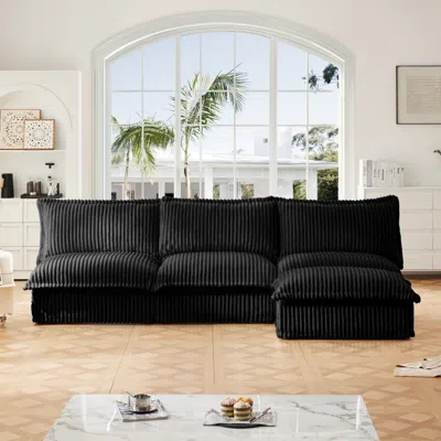 Streamdale Furniture Streamdale Black Corduroy Modular Armless Sectional With Ottoman In Black