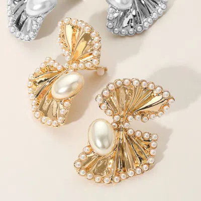 Fashnzfab Pearl Trimmed Fan Clip On Earrings In Gold