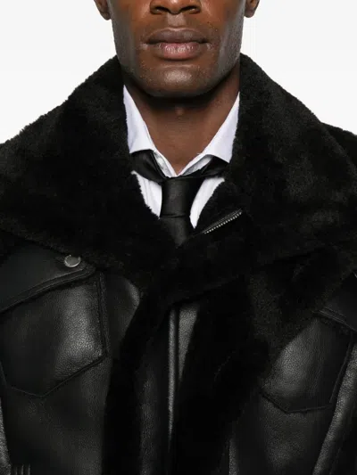 Feng Chen Wang Shearling-trim Leather Jacket In Black