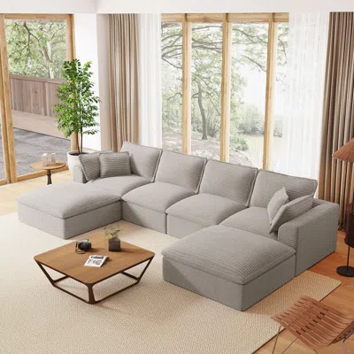 Streamdale Furniture Streamdale U-shape Corduroy Sectional Sofa W/ Ottomans - Extra Wide & Deep In Gray