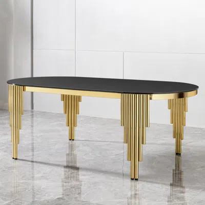 Streamdale Furniture Streamdale Black Glass Top Oval Dining Table With Gold Base In Gold