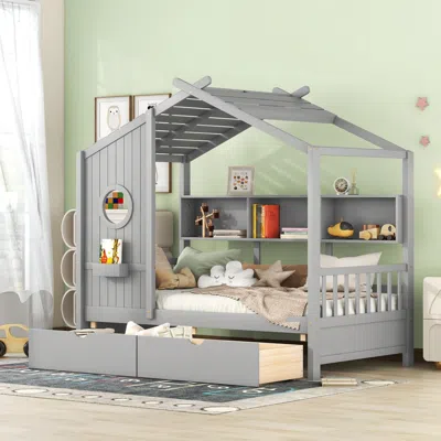 Streamdale Furniture Streamdale Wooden Twin House Bed With 2 Drawers & Storage Shelf, Gray In Gray