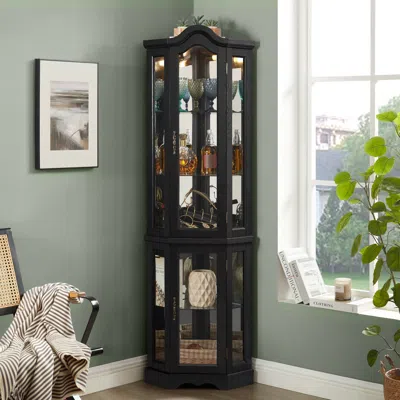 Streamdale Furniture Streamdale Lighted Corner Curio Cabinet - Tempered Glass - Black In Black