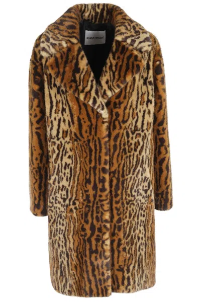 Stand Studio Multicolor Animal Print Faux Fur Camille Coat In Brown