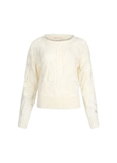 Liu •jo Oversized Cable-knit Sweater With Jewel Embellishments In White