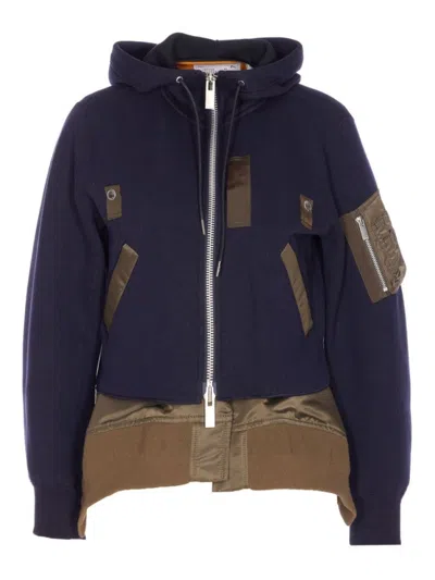 Sacai Hoodie-style Sweater With Navy And Olive Accents In Blue