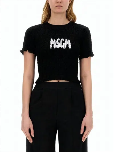 Msgm Textured Cropped Black T-shirt With Bold Logo In Blue