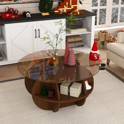 Streamdale Furniture Streamdale Round Coffee Table - Glass Top, Walnut Brown In Brown