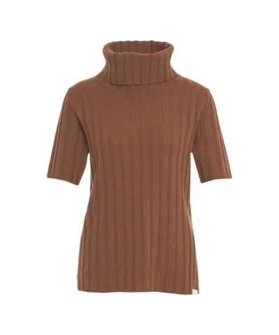 Peuterey Short-sleeve Wool Knit Top With Ribbed Turtleneck In Brown