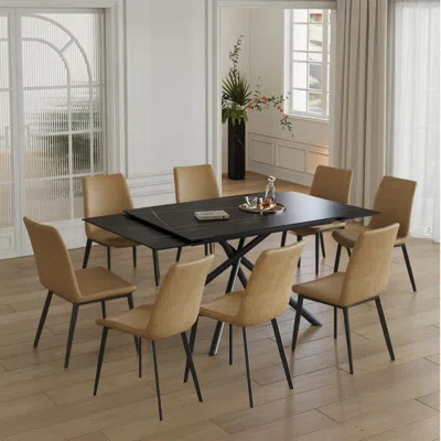 Streamdale Furniture Streamdale Retractable Sintered Stone Dining Table Set (table + 8 Chairs) In Black