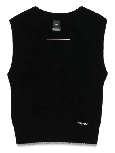 Pinko Ribbed Knit Sleeveless Sweater With V-neckline In Black
