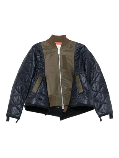 Sacai Quilted Olive Green And Navy Boxy Jacket In Black
