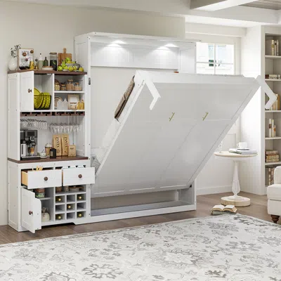 Streamdale Furniture Streamdale Queen Murphy Bed With Storage, Wine Rack & Led, White In White