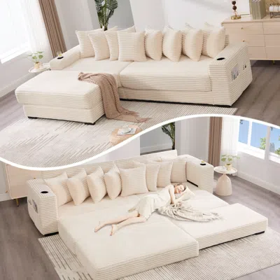 Streamdale Furniture Streamdale Corduroy L-shaped Sectional Sofa With Ottoman, Pillows & Cup Holders - Beige In Neutral
