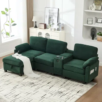 Streamdale Furniture Streamdale L-shape Corduroy Sofa: 4-seater, Usb, Storage, Console & Ottoman In Green