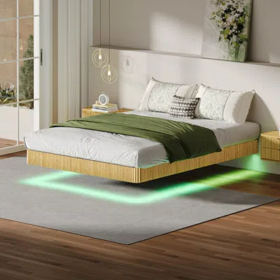Streamdale Furniture Streamdale Oak Queen Floating Bed Frame Led Lights In Green
