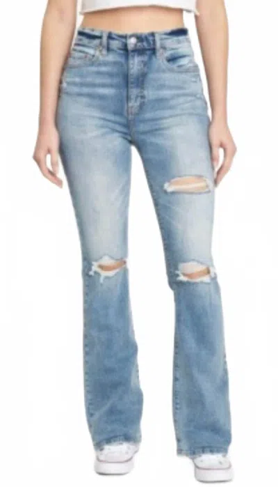 Daze Go Getter High Rise Flare Jeans In Distressed Light Wash In Blue