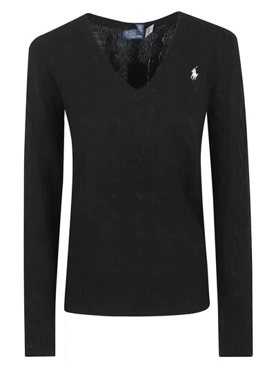 Polo Ralph Lauren Fitted Black Cable-knit Sweater With V-neckline In Black