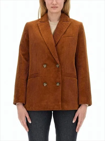Apc Double-breasted Corduroy Suit Jacket With Wide Lapels In Brown