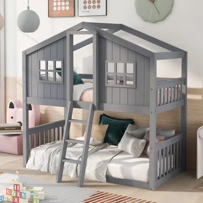 Streamdale Furniture Streamdale Twin Over Twin House Bunk Bed With Ladder, Wood Bed-gray In Gray