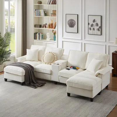 Streamdale Furniture Streamdale 120" Corduroy Sectional Sofa Bed W/storage, Cup Holders - Beige In White