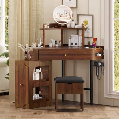 Streamdale Furniture Streamdale Corner Vanity Desk Set, Cushioned Stool, Charging Station, Black In Brown