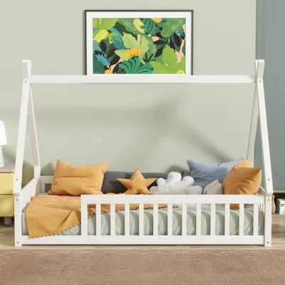 Streamdale Furniture Streamdale Twin Tent-shaped Floor Bed,teepee Bed With Guardrails,slats,white In White
