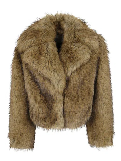 Stand Studio Cropped Faux Fur Coat With Wide Collar And Plush Texture In Brown