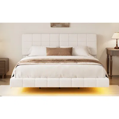 Streamdale Furniture Streamdale White Boucle Floating Bed With Light,king In White