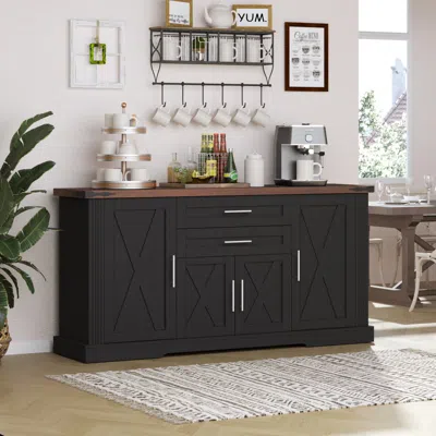 Streamdale Furniture Streamdale 63" Farmhouse Barn Door Cabinet - Buffet Table/coffee Bar, Black In Black