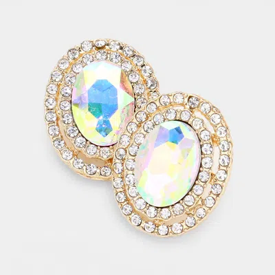 Fashnzfab Rhinestone Trim Oval Stone Stud Evening Earrings - Ab, Gold In Gold