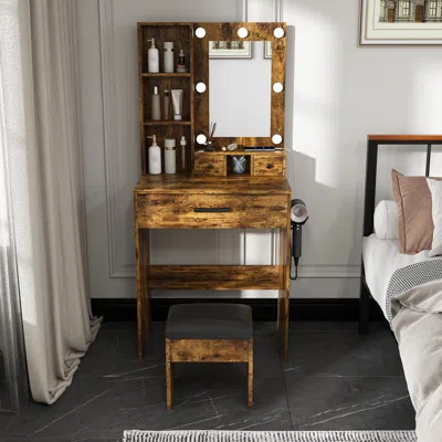Streamdale Furniture Streamdale Vanity Table With Led Lights, Outlet, Stool - Compact Dressing Desk (vintage) In Brown