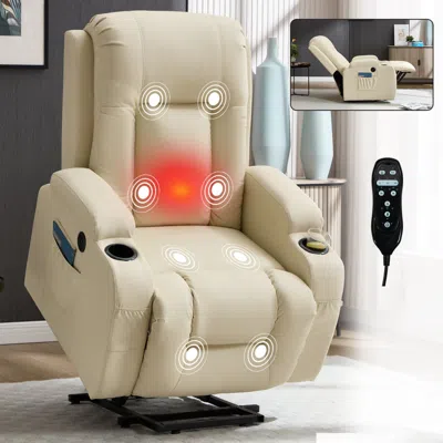 Streamdale Furniture Streamdale Beige Power Lift Recliner W/ Massage, Heat, Usb & Cup Holders In Neutral