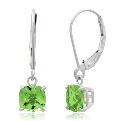 Maxcolor Solid 10k White Gold Cushion Cut Dangle Gemstone Leverback Earrings In Green