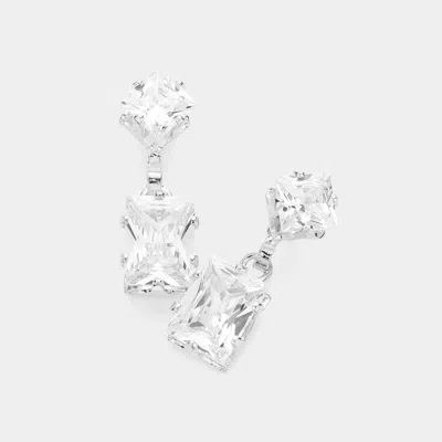 Fashnzfab Square Cz Stone Evening Dangle Earrings - Silver In Silver