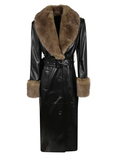 Stand Studio Black Leather-like Coat With Plush Fur Collar And Belted Waist In Brown