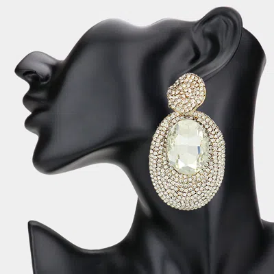 Fashnzfab Oval Glass Stone Pointed Rhinestone Paved Dangle Evening Earrings - Gold In Gold